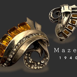 Retro 1940s Mazer  Dress Clips Brooch with unfoiled emerald cut stones accentuated by clear rhinestones - gorgeous old find -art.925/6