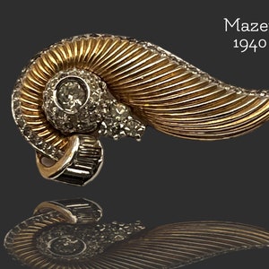 Rare Vintage  Mazer  Deco gold and silver design with Diamantè Rhinestone curled  design design  Brooch Pin, 1940s Signed Mazer -art.942/6