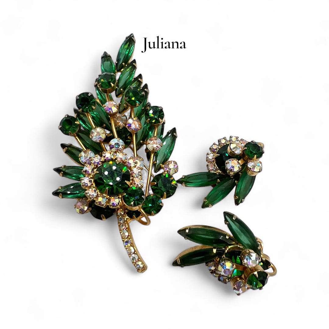 juliana d&e フラワーインタリオ ブローチ&イヤリングセット Juliana D&E Rare Large Green Glass Crystal JULIANA Flower Brooch