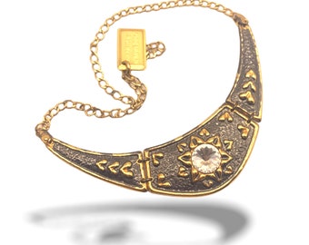 1970 Italian Vintage bib necklace signed - gold-plated  silver and Rivoli crystal, elegant Egyptian style Necklace  - art.777-