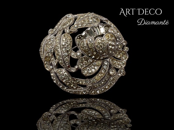 Deco style Diamante floral design brooch - clear … - image 2