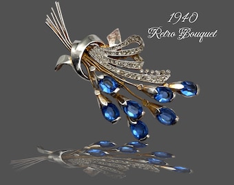Art Deco vivid Blue spray floral bouquet Rhinestone Brooch-30s/40s Sweeping Beauty w/unfoiled stones & diamantè- Art.46/7
