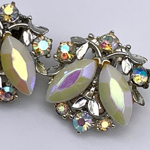 Late 1950 © B.S.K. white chalk aurora borealis marquise rhinestones silver leaves clip Earrings Designer Signed White Colors.Art.639/4 image 5