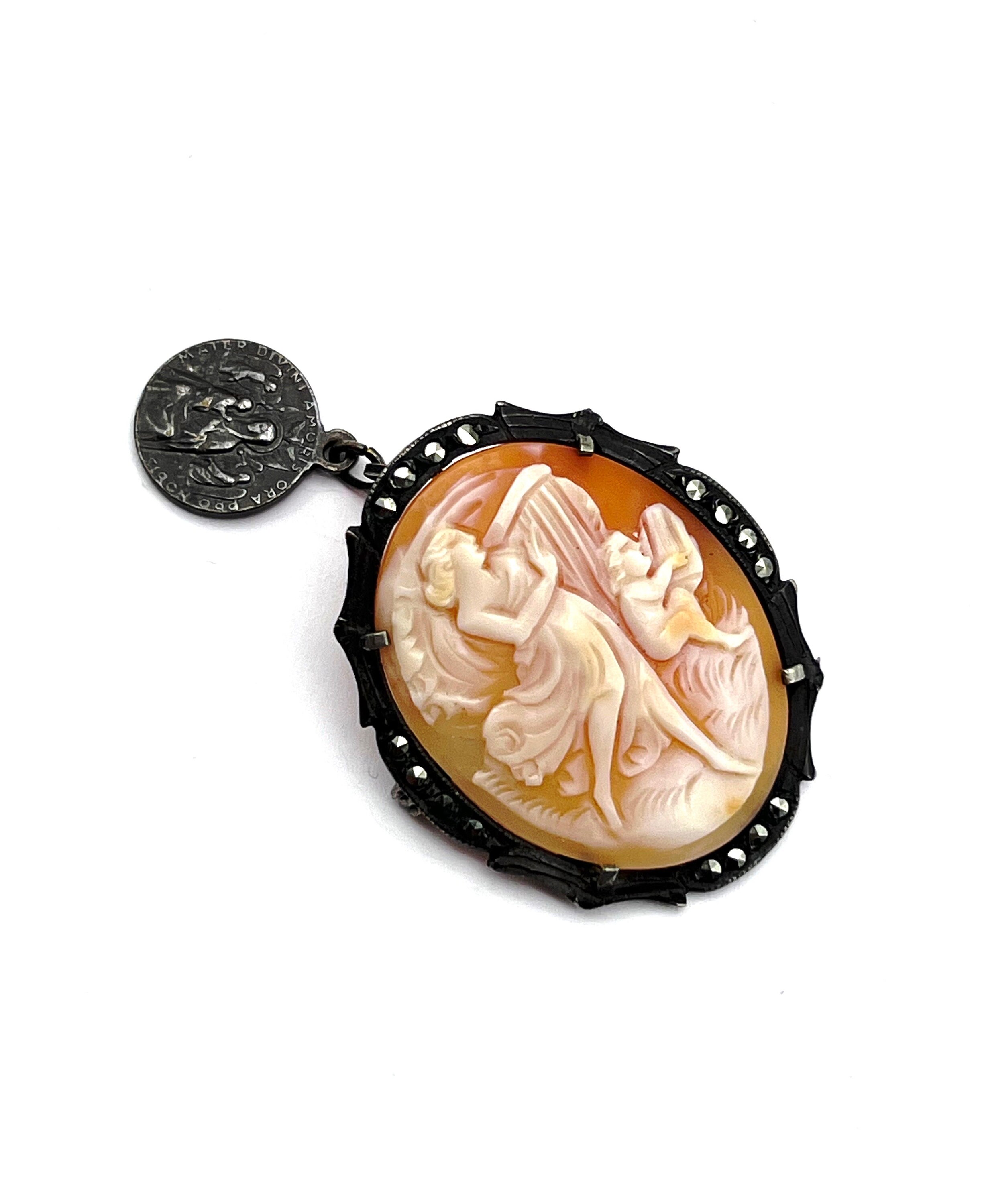 Antique Italian Carved Shell Cameo 800 Silver Brooch/pendant
