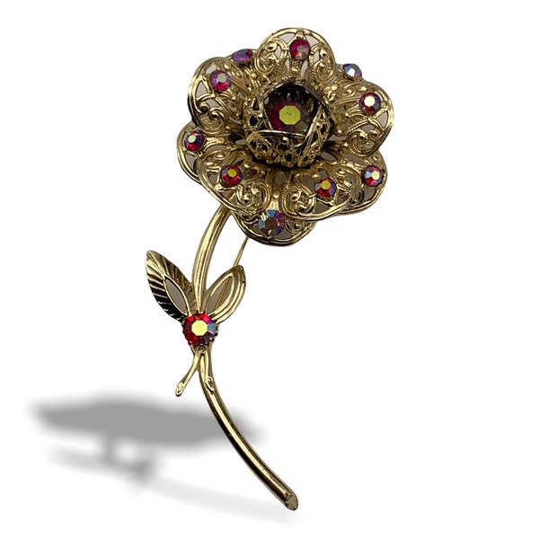 Fabulous large  brooch 1971s SARAH COV © "Fashion Flower" line - peacock crystals&pale gold - large 3D flower filigree  petals -Art.198/3 -