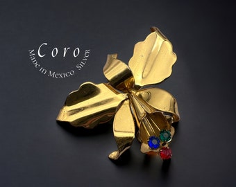 Hector Aguilar for Coro Gold Vermeil, Silver & Colored Rhinestone Orchid Brooch-  highly collectable piece - Art.139/7