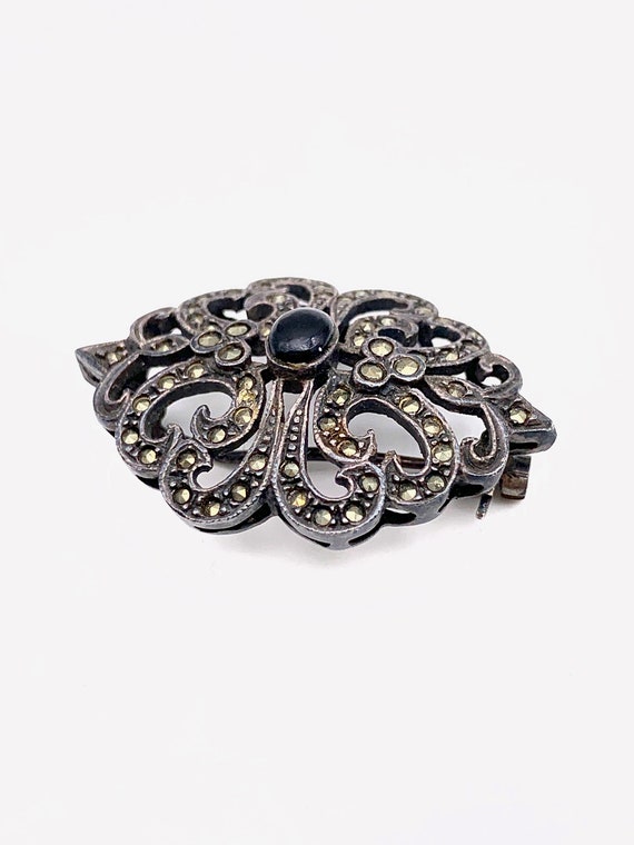 Art Deco Sterling Silver Onyx and Marcasite Pin -… - image 7