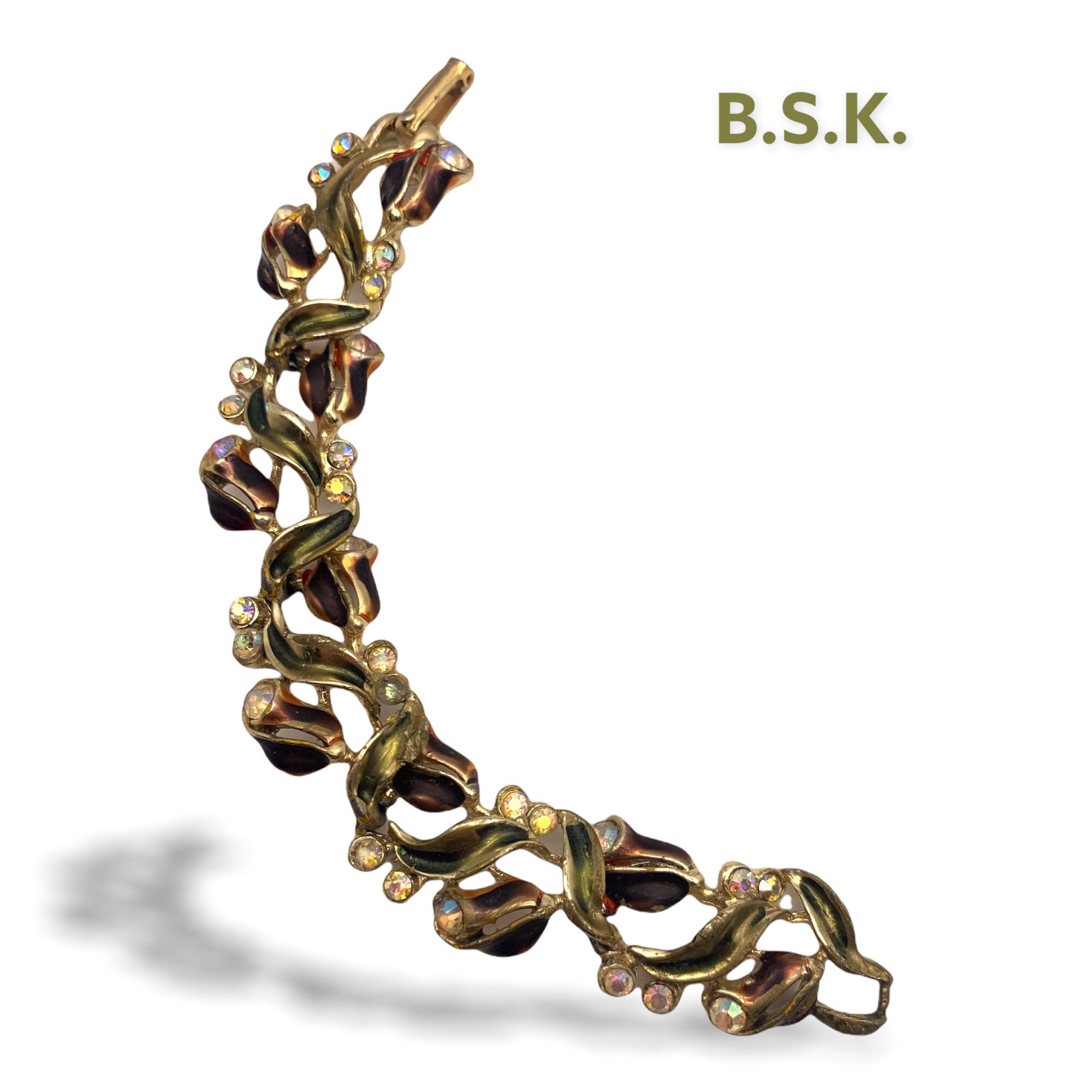 ヴィンテージ BSK エナメルフラワーブレスレット – AB ラインストーン 