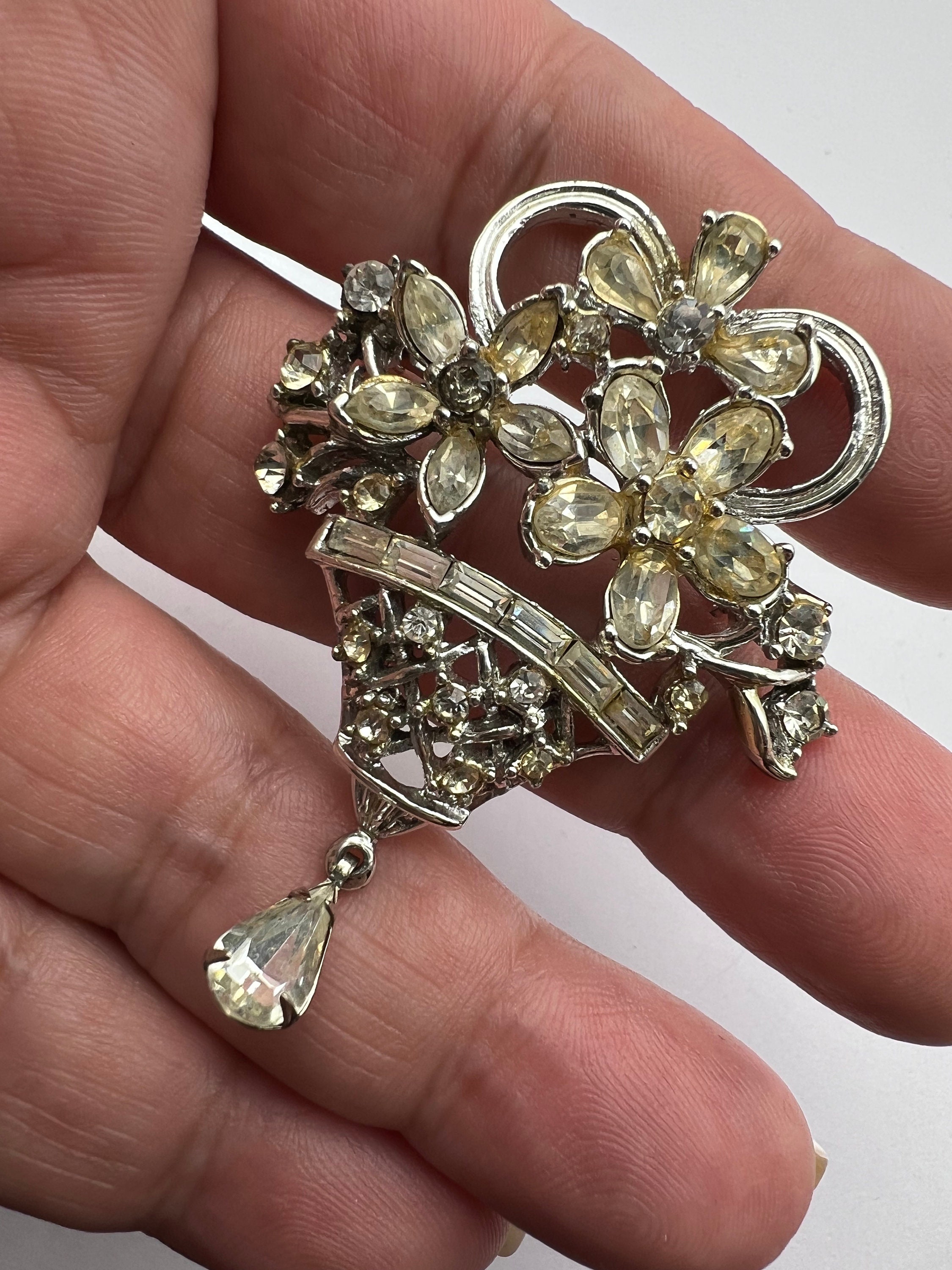 Coro 1950 Diamante Flower Basket Brooch With Dangle Drop