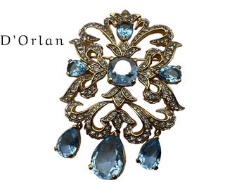 Rare and Fabulous Vintage D’Orlan dangling brooch- Aquamarine crystals and clear pave in a gorgeous gold tone design - Art.120/7
