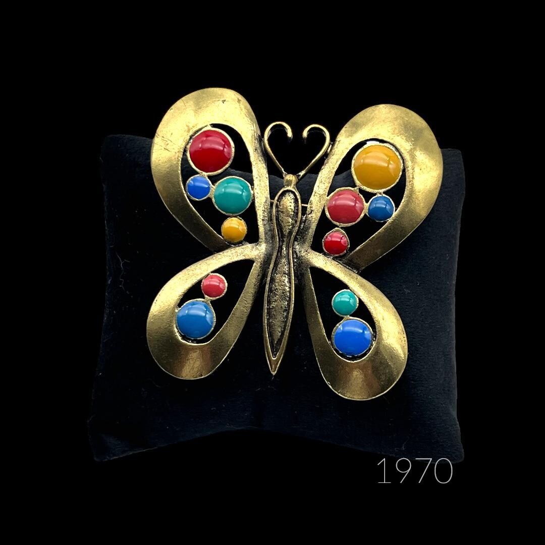 Grande Broche Papillon Vintage En Or Avec émail Rouge Et Noir - Bijou Ancien, état Parfait