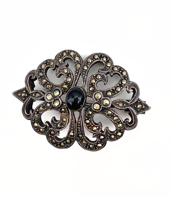 Art Deco Sterling Silver Onyx and Marcasite Pin -… - image 6