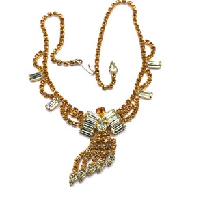 Vtg Parure 4 Piece Lemon Yellow Burnt Orange Rhinestone Necklace ...