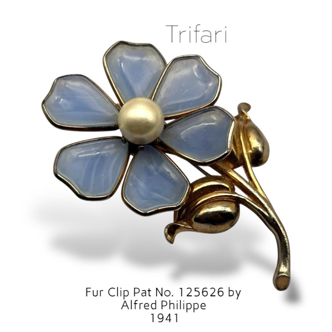 Vtg TRIFARI Fur Clip Gripoix Poured Glass Blue Flower Brooch