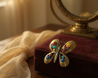 Broche Papillon Stylisée Vintage Années 1970 - Métal Doré Et Argenté, Sans Marque