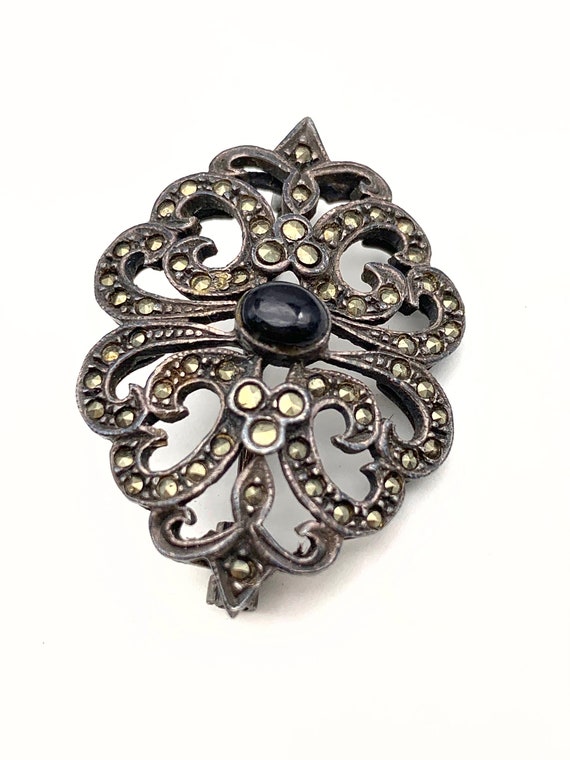 Art Deco Sterling Silver Onyx and Marcasite Pin -… - image 8