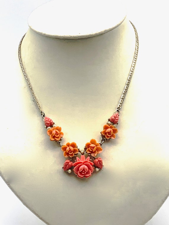 Stunning vtg 1940s Coral Celluloid Rose & tiny pe… - image 9