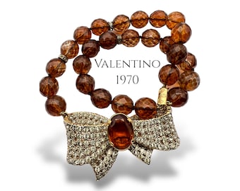 1970 Couture VALENTINO signierte große Schmuckschleife mit Glasperlen - seltene Valentino-Topas-Nuancen-Halskette - Art.49 / 7-