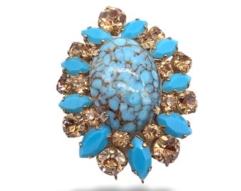 Beautiful early 1950s Vintage European Faux Turquoise and Rhinestone  Brooch - Unsigned  beauty  with a fine jewelry look - Art.25/4 -