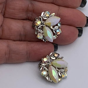 Late 1950 © B.S.K. white chalk aurora borealis marquise rhinestones silver leaves clip Earrings Designer Signed White Colors.Art.639/4 image 6