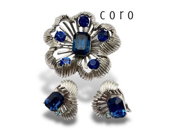 Glitzy Ultramarine Blue by CORO-sparkling mid century set with vibrant ultramarine blue & silver -brooch and earrings set-Art.29/7