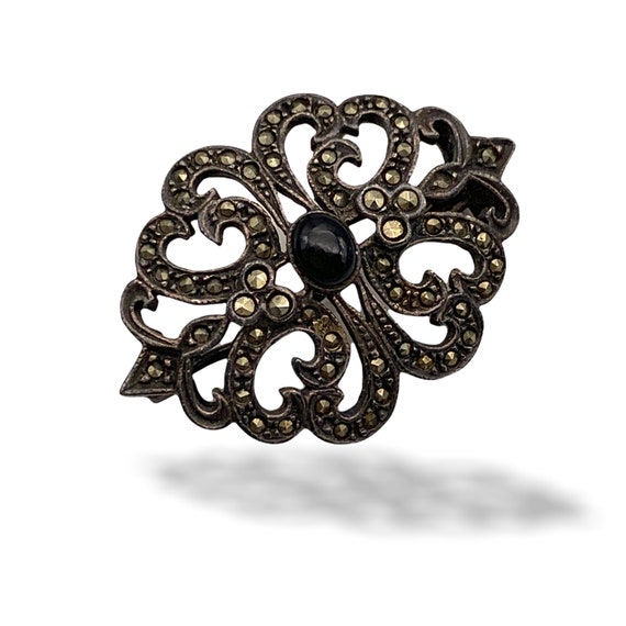 Art Deco Sterling Silver Onyx and Marcasite Pin -… - image 1