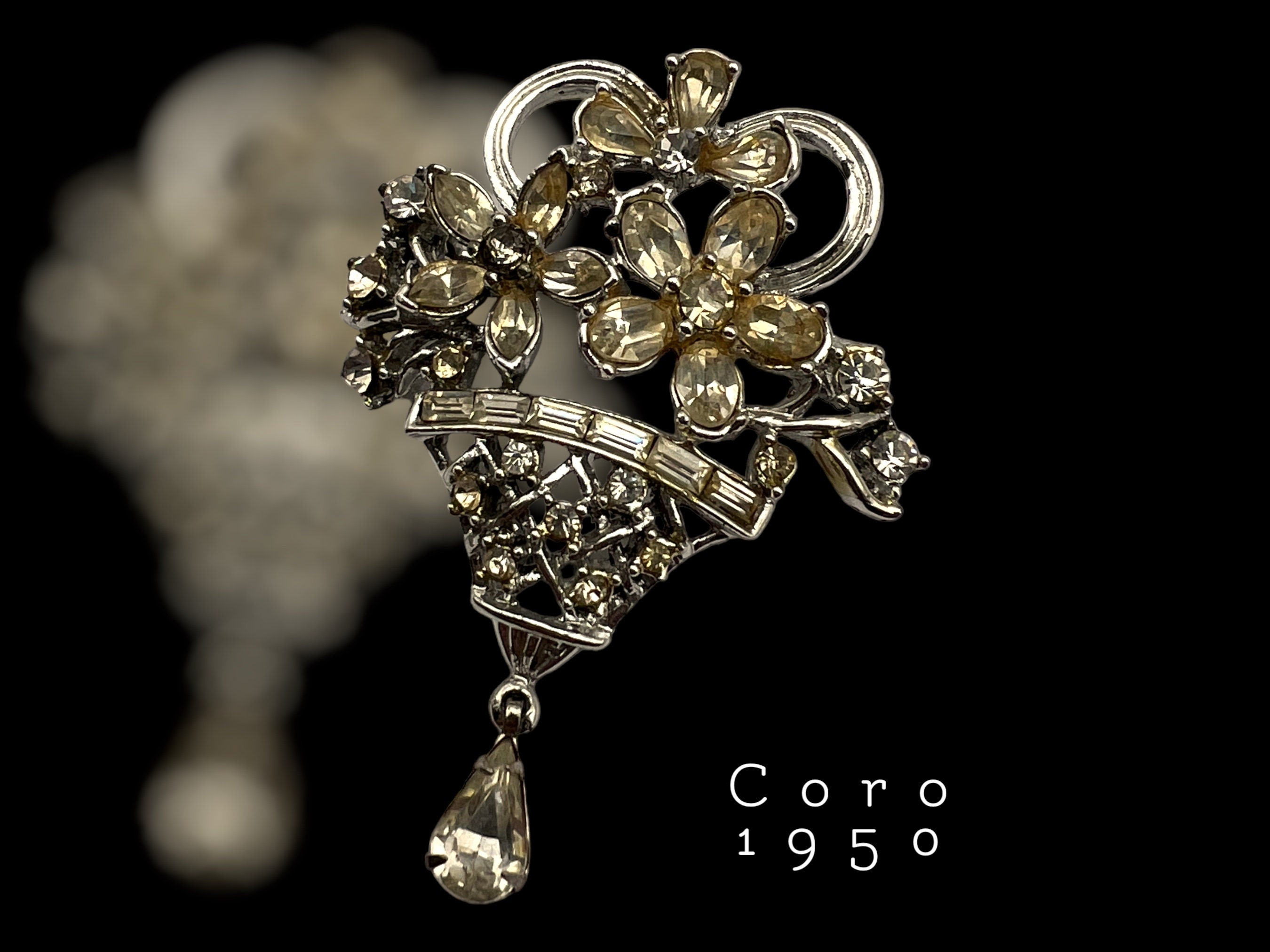 Coro 1950 Diamante Flower Basket Brooch With Dangle Drop