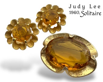 Vintage Judy Lee glass Topaz solitaire  Brooch & Clip On Earrings Match Set Signed  - gorgeous design signed - Art.815/6