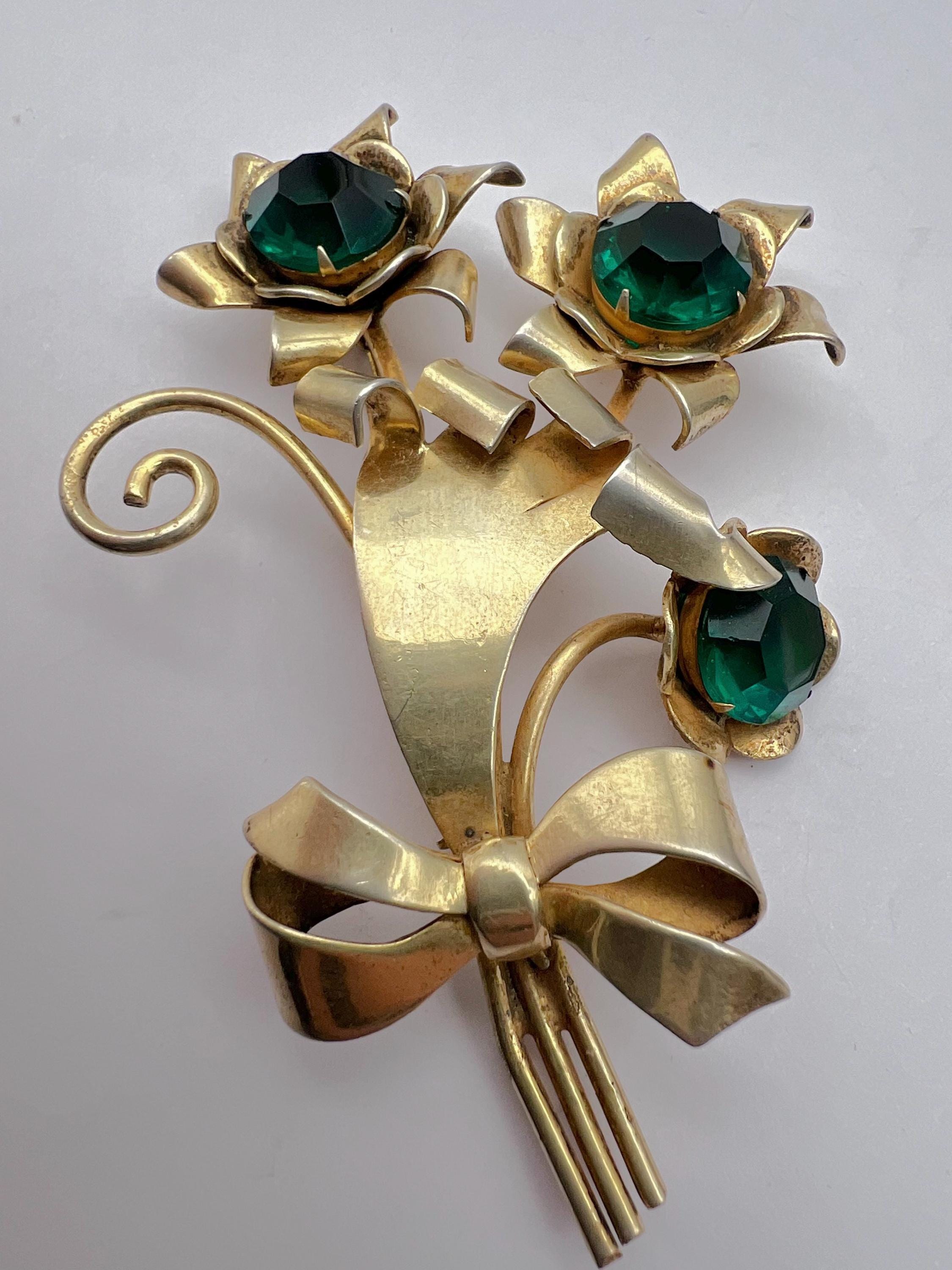 Broche Vintage Clé En Or Avec Cristaux Et émail Vert émeraude - Année 1984 - Très Bon état