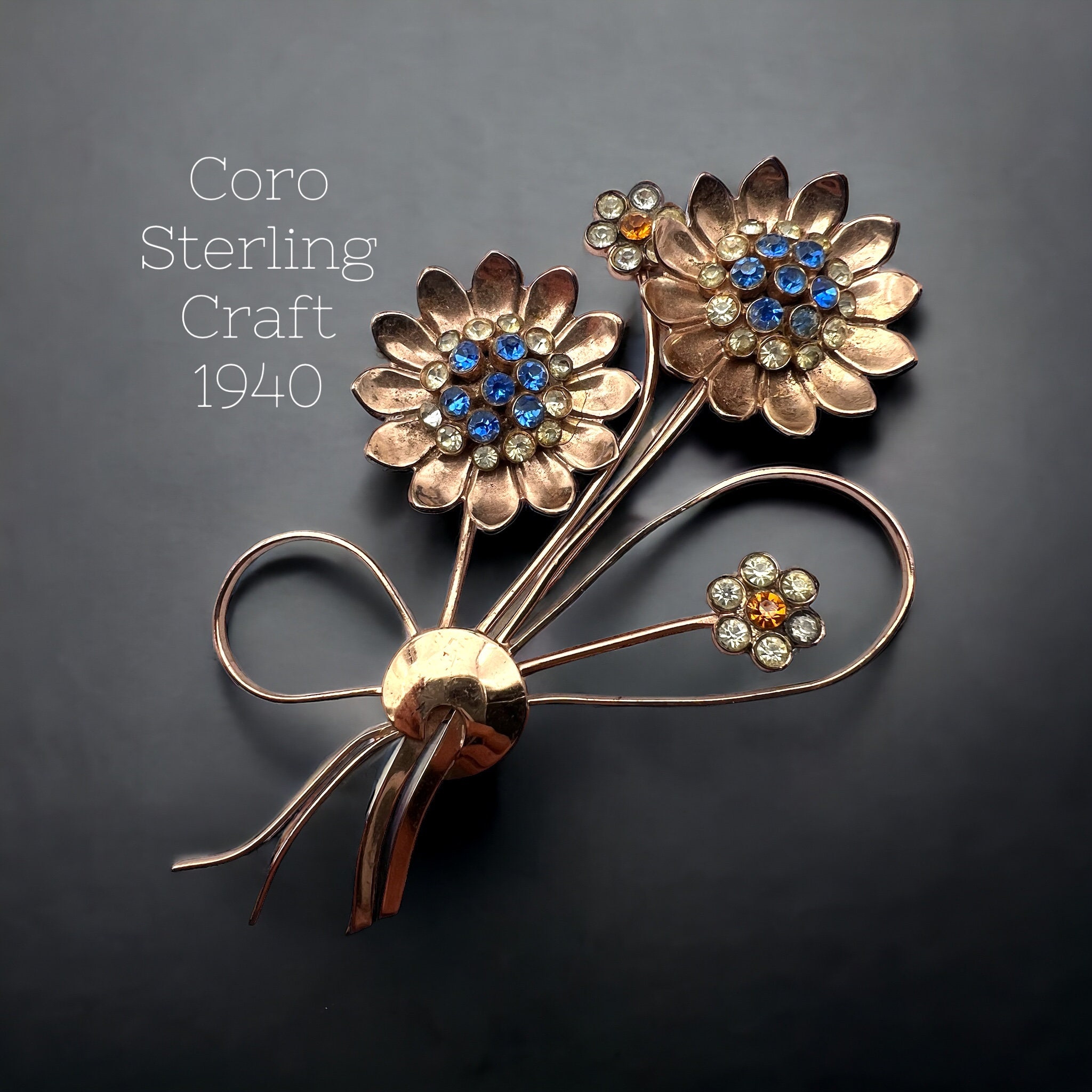 Vintage Coro Blue & Silver Flower Brooch 1940s 1950s (plus 1 earring) Vintage 1940s Art Deco Sterling Silver Flower Brooch with  main image 4