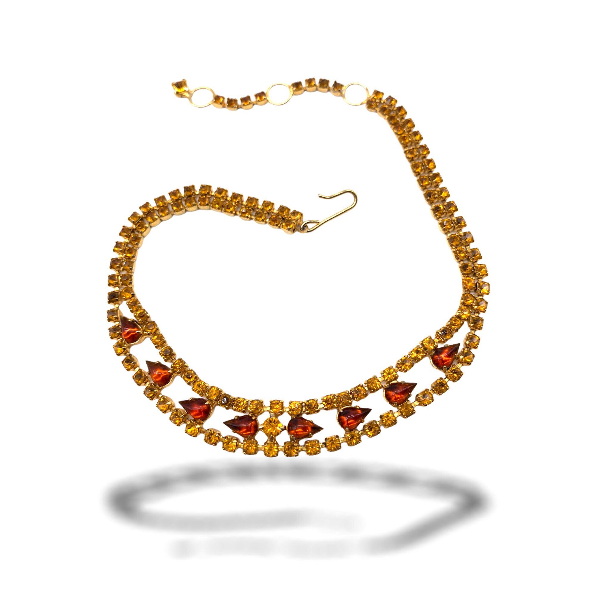 Collier Vintage Doré à Maillons En Cœur Avec Cristaux - Bijou Occasion Très Bon état