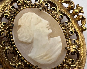 Florenza Signed Genuine Shell Carved Cameo Portrait Pin - Large