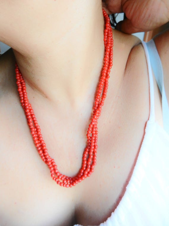 Cherry red glass coral beads 3 strands necklace -… - image 6