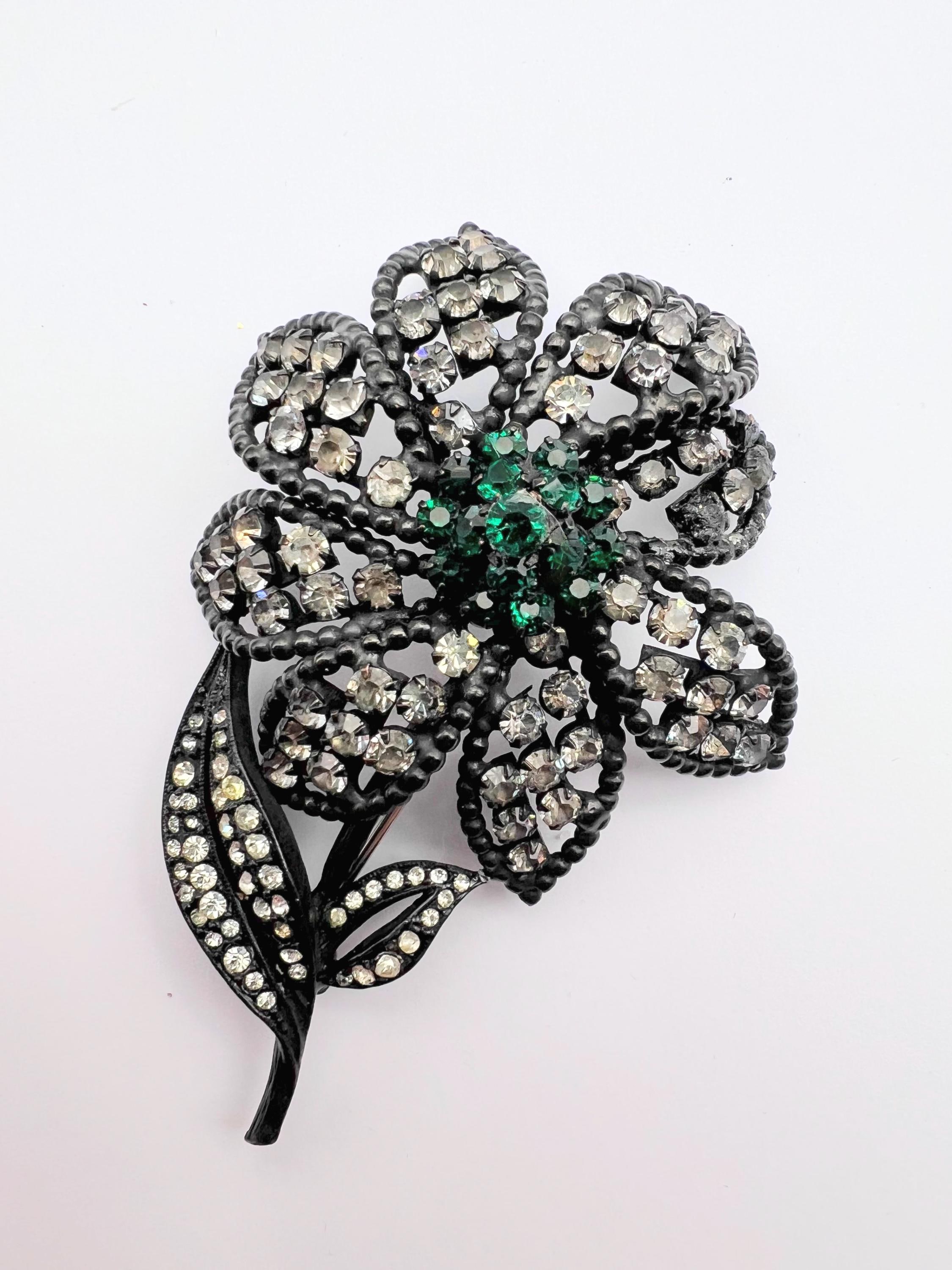 McDavidian Black Crystal Pave Flower Brooch Vintage Miriam Haskell Black White Crystal Flower Brooch  main image 4