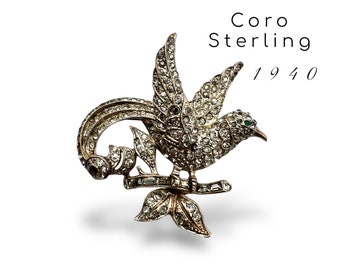 Coro Craft Sterling Silver & Rhinestone 1940s Bird on branch Brooch - rare collector's item - art.844/6