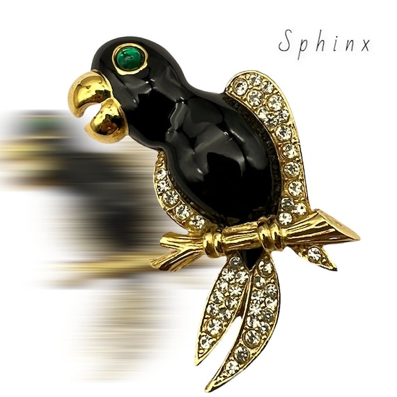 SPHINX Jeweled Parrot bird figural pin Glossy bla… - image 1