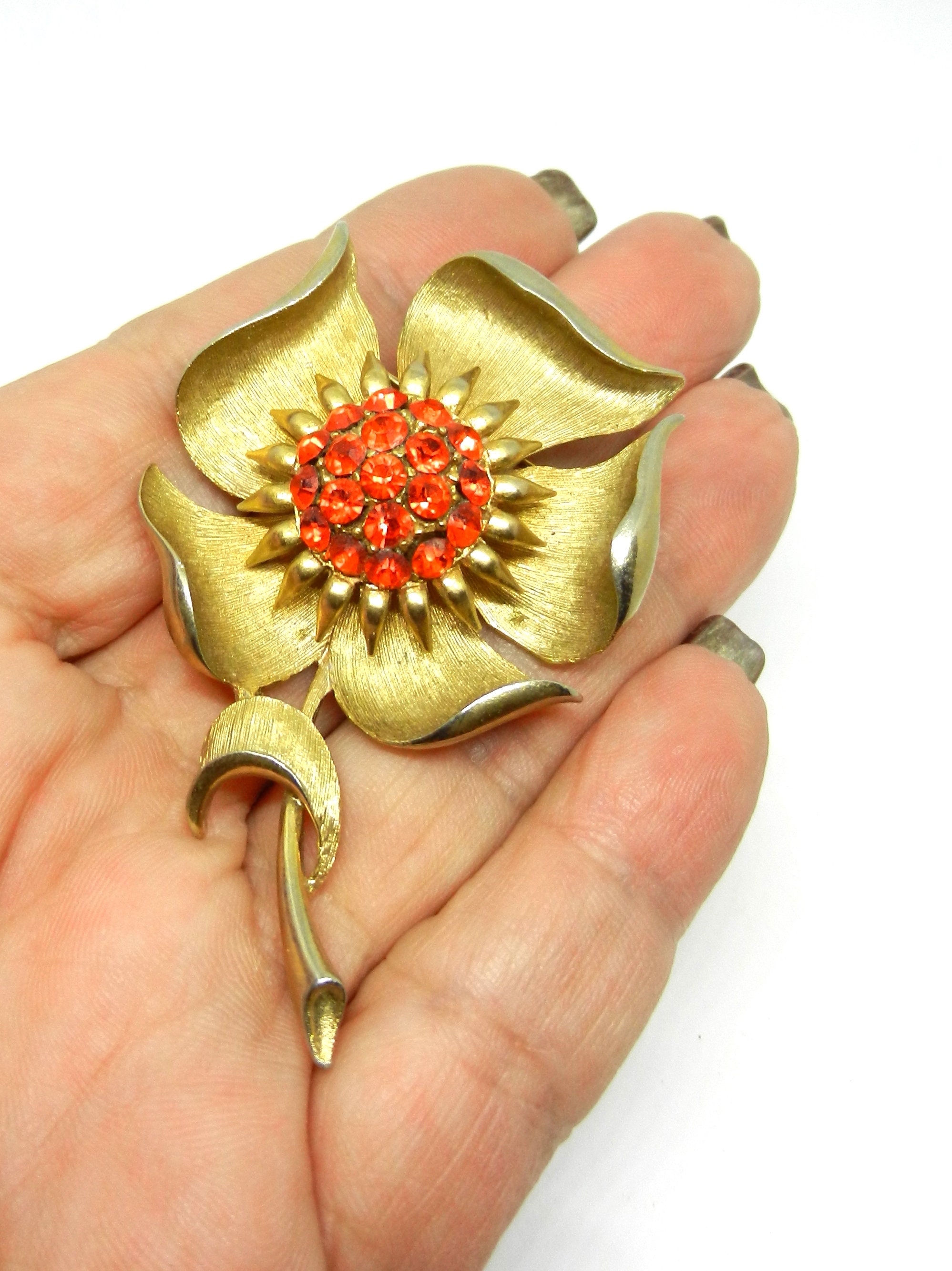 Vintage ALAN J Orange Rhinestone Flower Gold Tone Pin Brooch