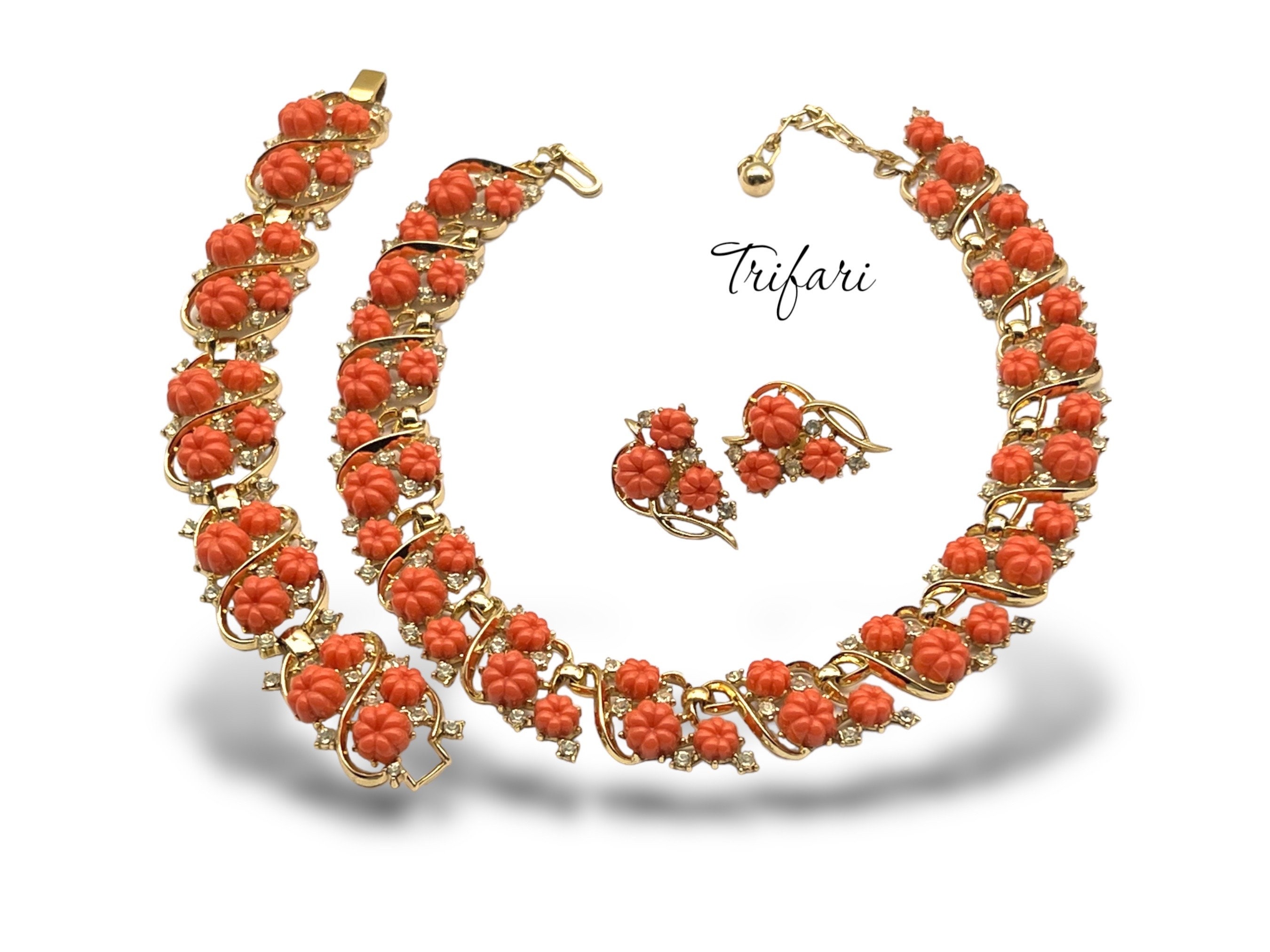 Rare Crown Trifari Pink Salmon Fruit Salad Goldtone Necklace