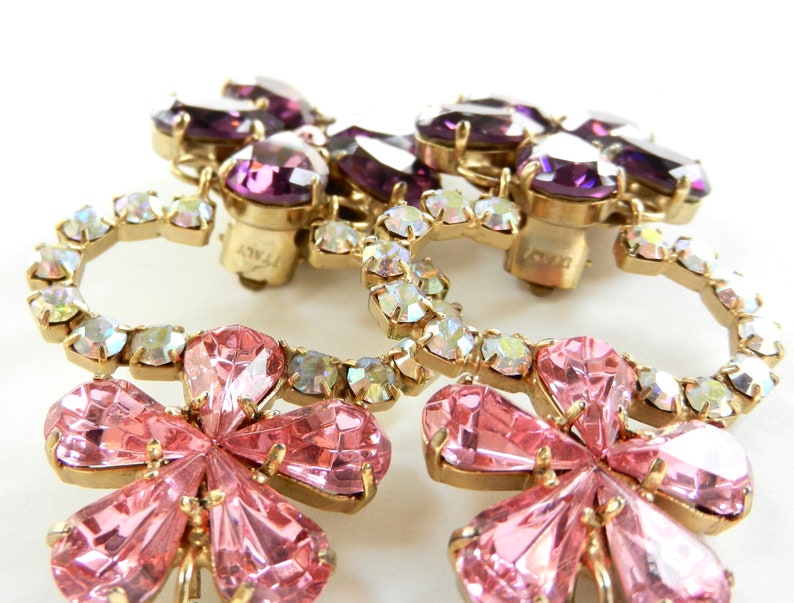 Italian Couture super glowing chandelier earrings Signed with purple and pink crystals accentuated by AB chaton -art.6605