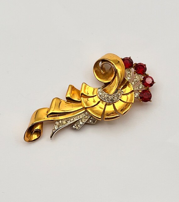 Rare Corocraft Sterling Gold Pave and Ruby Floral… - image 7