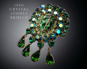 Vintage High End Dragon Breath  Dangle Brooch - radiant green and AB chatons, amazing stones  set in lovely dangling brooch - art.109/7