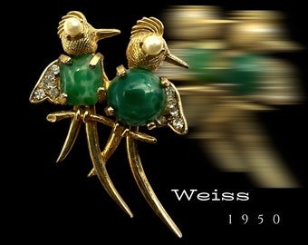 WEISS lovely birds on branch brooch Peking Green belly with rhinestones and pearls - Art.852/6