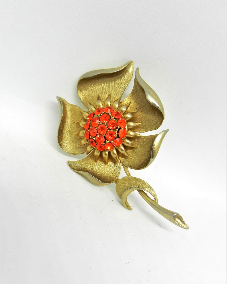 Vintage ALAN J Orange Rhinestone Flower Gold Tone Pin Brooch Etsy