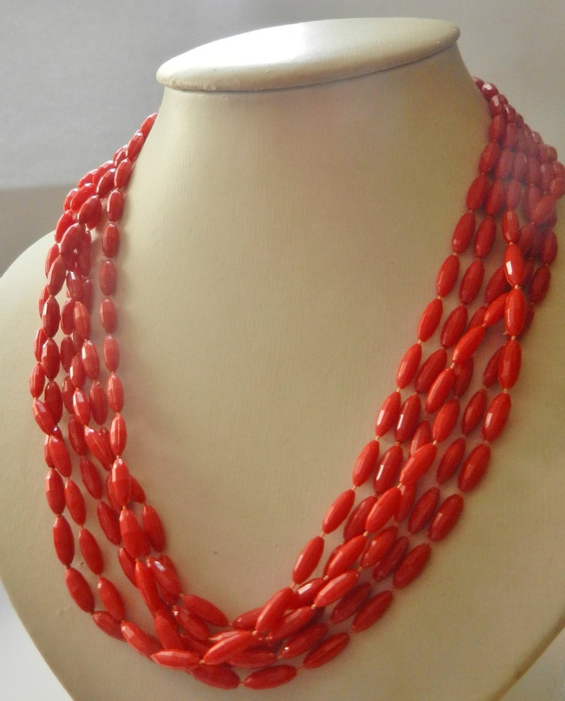 Ravishing Red Multi Strand Lucite Necklace large grain of rice faceted red beads and lovely round clasp Art.3414