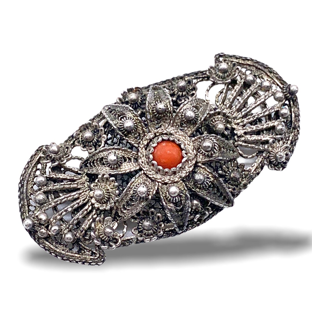 Broche Ancienne En Argent Filigrané Avec Cabochon De Jade - Chine - Occasion (bon état)