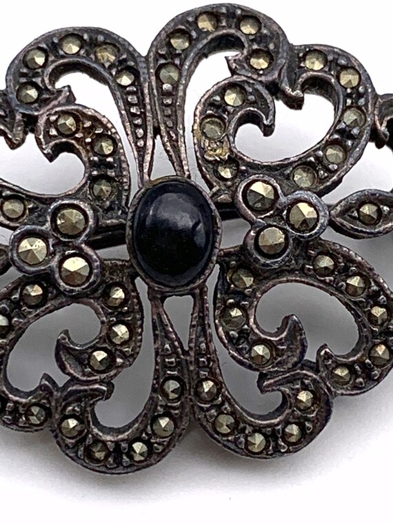 Art Deco Sterling Silver Onyx and Marcasite Pin -… - image 9