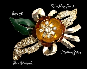 1940 En Tremblant bloom  rhinestones Flower Brooch w/enamel,  Early Rhodium silver and  Gold Tone en Tremblant Trembler pin - Art.110/7