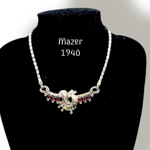 Rare Vintage Mazer, Art Deco, Rhinestone,necklace- Exquisite Mazer Bros. Rhodium Plated Diamante and Ruby Crystal Bracelet  - Art.48/7