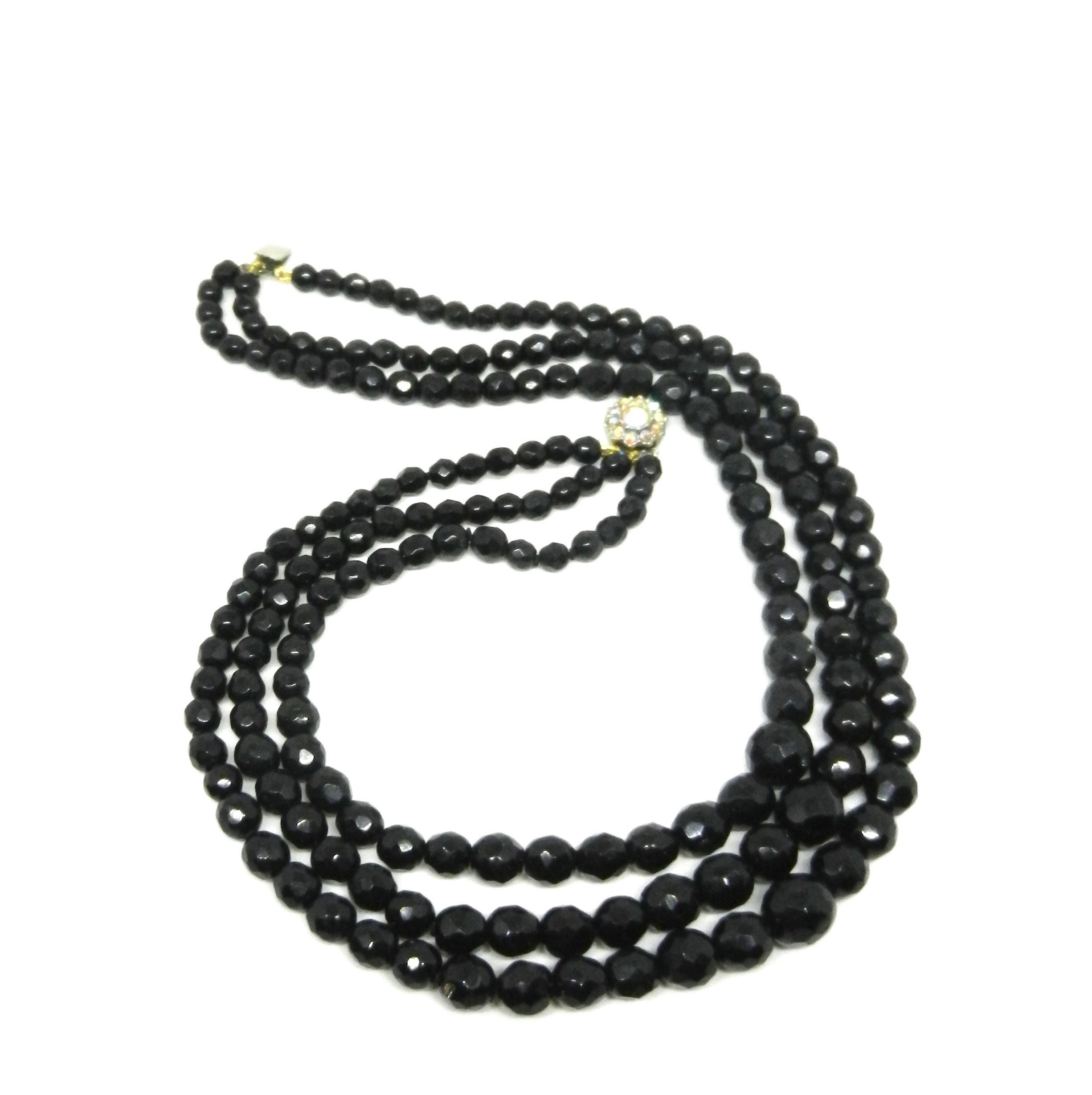 Collier Vintage 3 Rangs Perles De Verre Noir - Fermoir Argent 835 - 56 Cm - Occasion