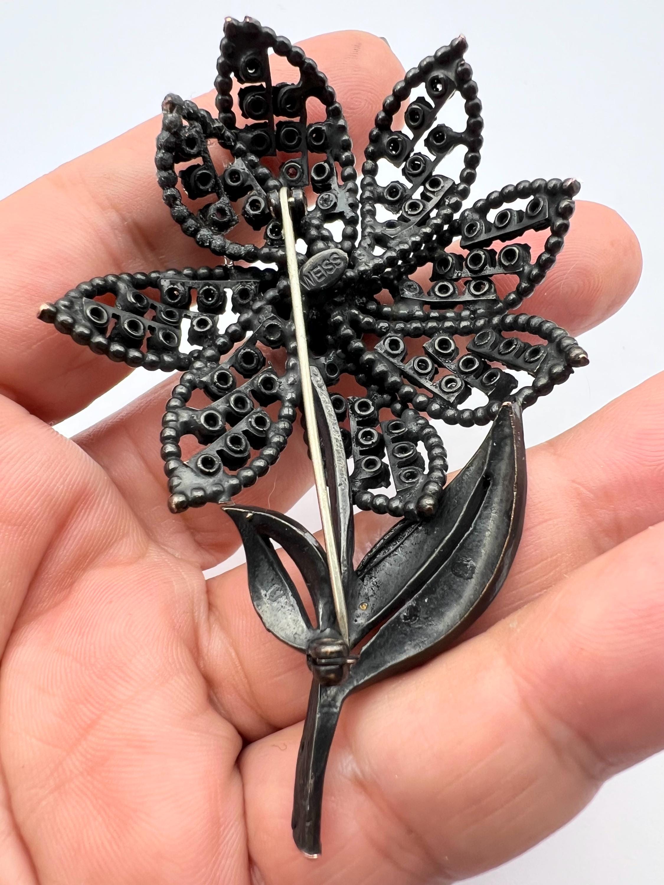 McDavidian Black Crystal Pave Flower Brooch Vintage Miriam Haskell Black White Crystal Flower Brooch  main image 2